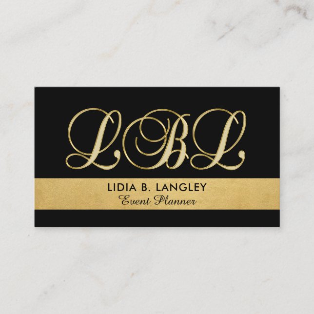 Custom Elegant Monogrammed Gold Black Initial Business Card (Front)