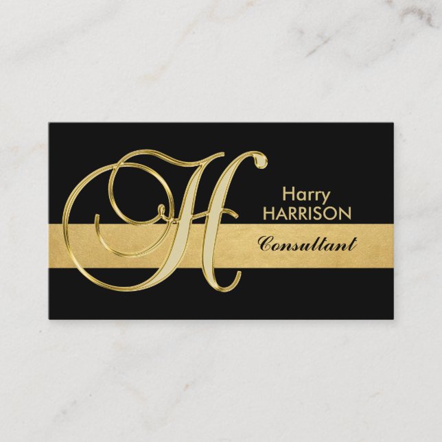 Custom Elegant Monogrammed Gold Black Initial 'H' Business Card (Front)
