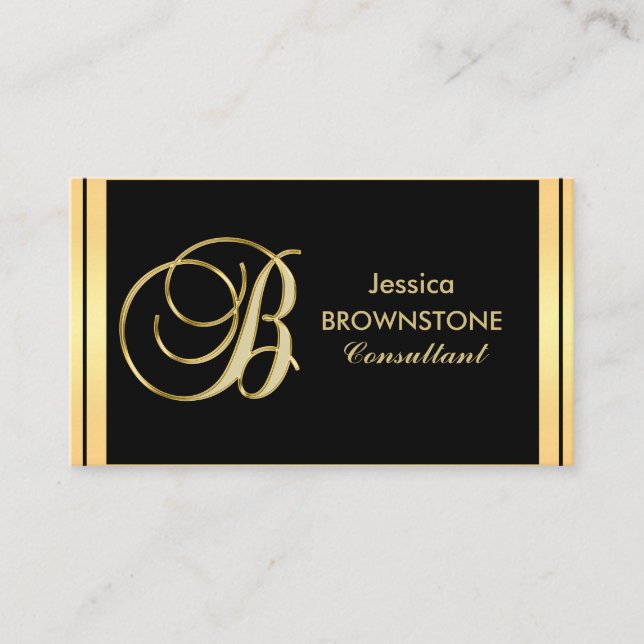 Custom Elegant Monogrammed Gold Black Letter 'B' Business Card (Front)