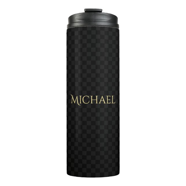 Custom Elegant Name Black Grey Check Pattern Steel Thermal Tumbler (Front)