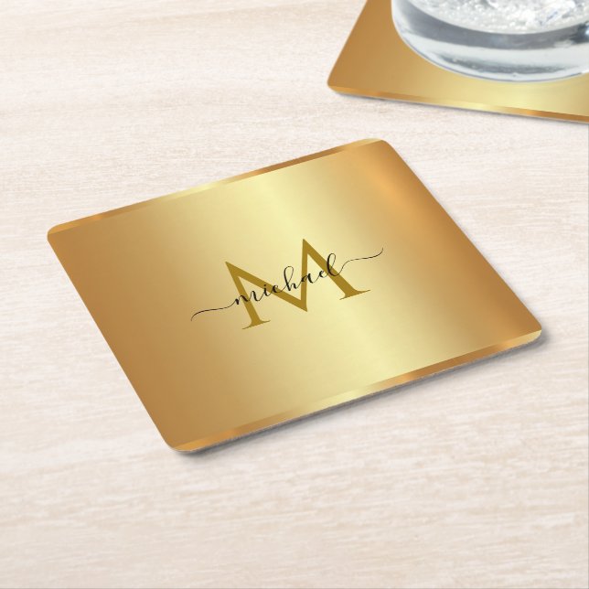 Custom Elegant Name Monogram Initial Template Gold Square Paper Coaster (Angled)