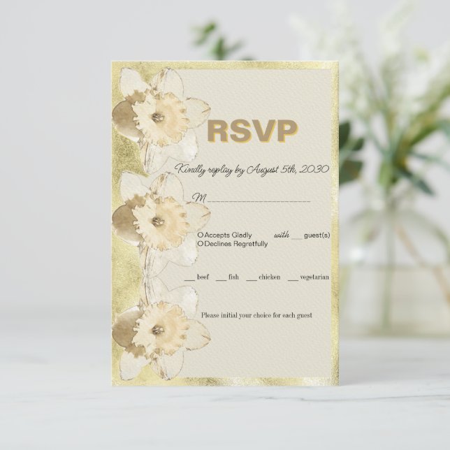 Custom elegant narcissus flower with gold frame RSVP card (Standing Front)