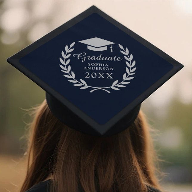 Custom Elegant Navy Blue Graduate Photo & Name Graduation Cap Topper (Creator Uploaded)