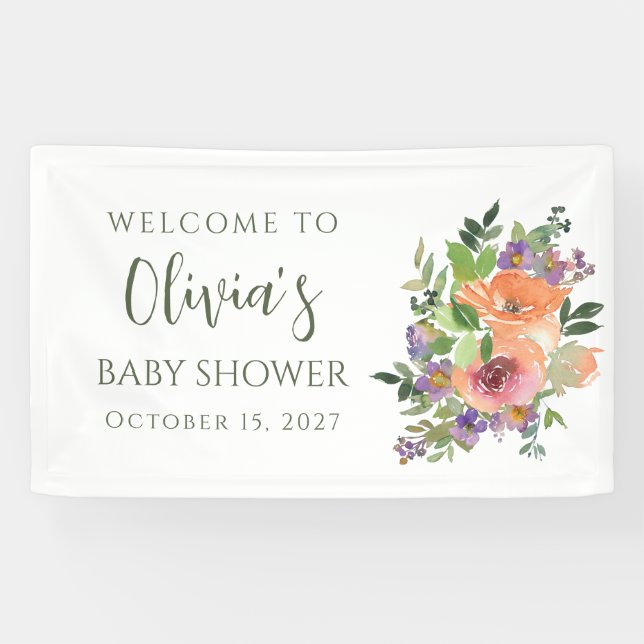 Custom Elegant Peach Watercolor Floral Baby Shower Banner (Horizontal)