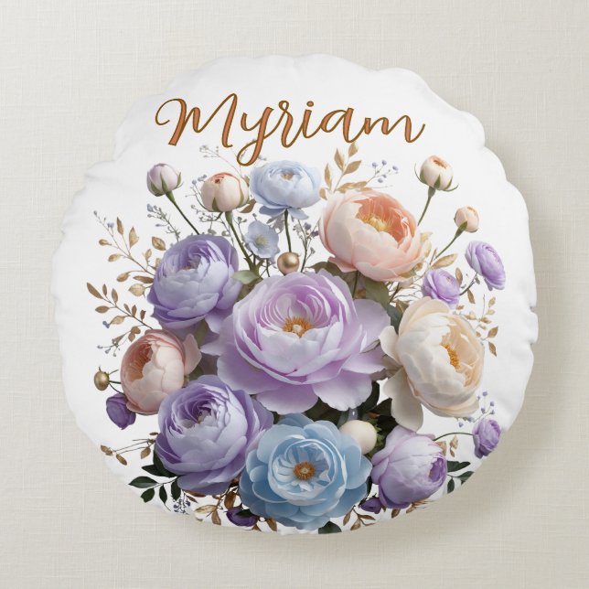 Custom Elegant Peony Monogram Round Pillow (Front)