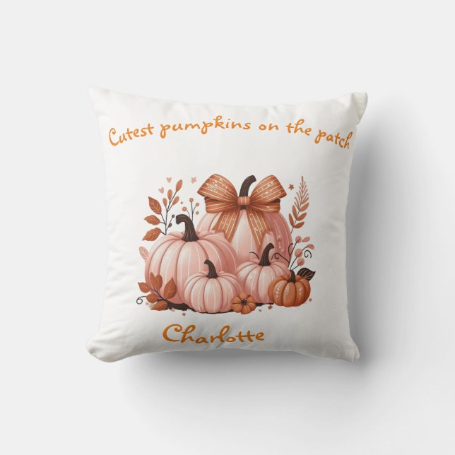 Custom Elegant pink fall  Pumpkins, coquette bow Throw Pillow (Front)