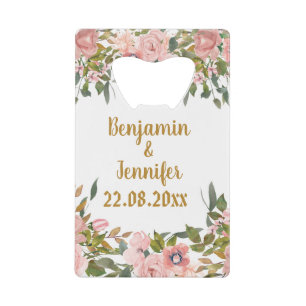 Custom Elegant Pink Floral Greenery Wedding Favour Credit Card Bottle Opener