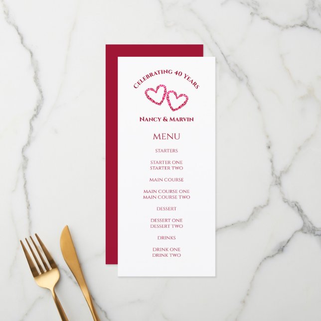 Custom Elegant Red 40th Wedding Anniversary Party Menu (Front/Back In Situ)