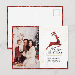 Custom Elegant Red & Gold Plaid Reindeer & Photo Holiday Postcard