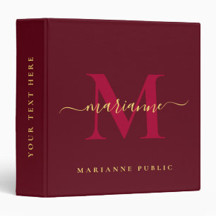 Custom Elegant Red & Gold Text Monogram Initial Binder