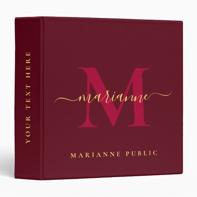 Custom Elegant Red & Gold Text Monogram Initial Binder (Front/Spine)