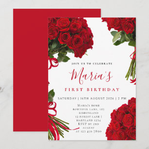 Custom Elegant Red Rose Floral First Birthday Invitation