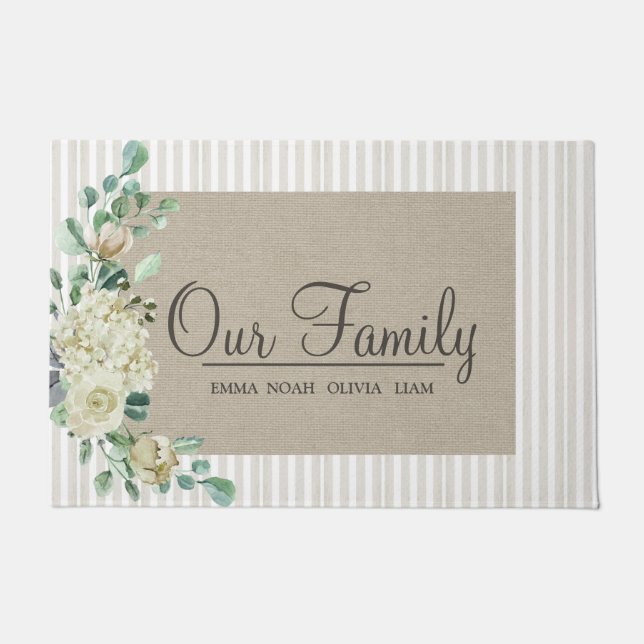Custom elegant romantic  "Our Family" with Names Doormat (Front)