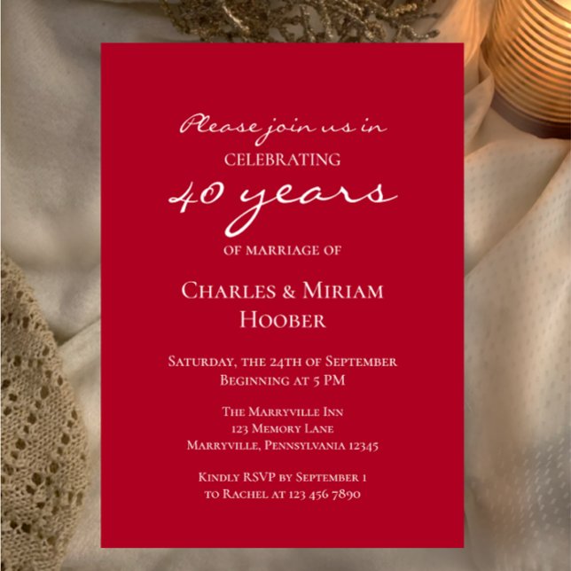Custom Elegant Ruby 40th Wedding Anniversary Party Invitation (Easily customize this simple elegant ruby 40th anniversary party invitation template
)