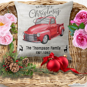 Custom Elegant rustic wood Red truck Family Throw Pillow