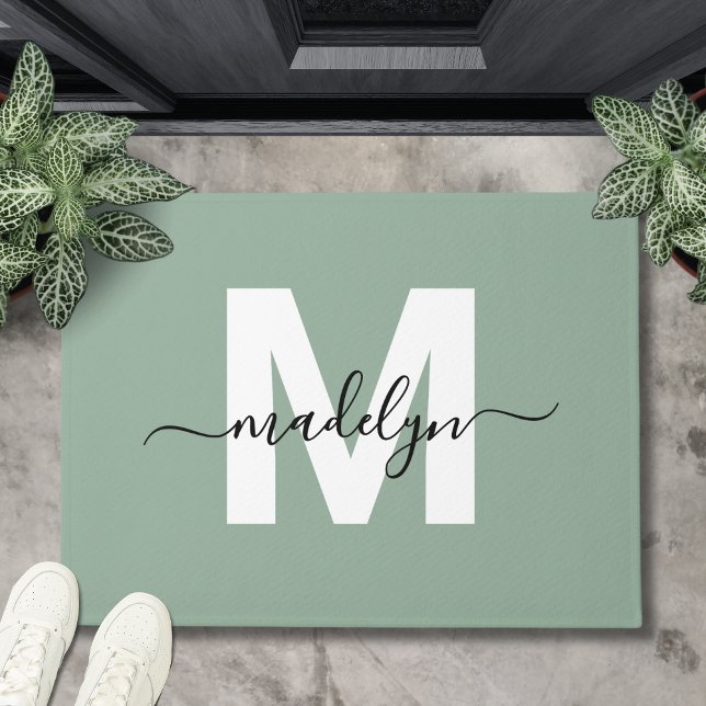 Custom Elegant Sage Green Monogram Script Name Doormat (Custom Elegant Sage Green Monogram Script Name Doormat)