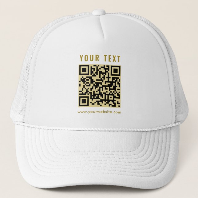 Custom Elegant Scan Me QR Code Template Gold White Trucker Hat (Front)