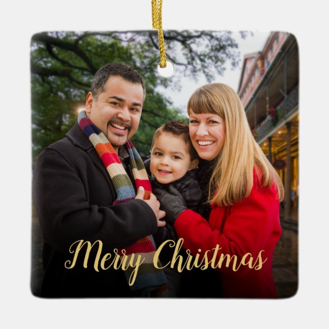 Custom Elegant Script 2-Sided Photo Christmas Ceramic Ornament (Front)