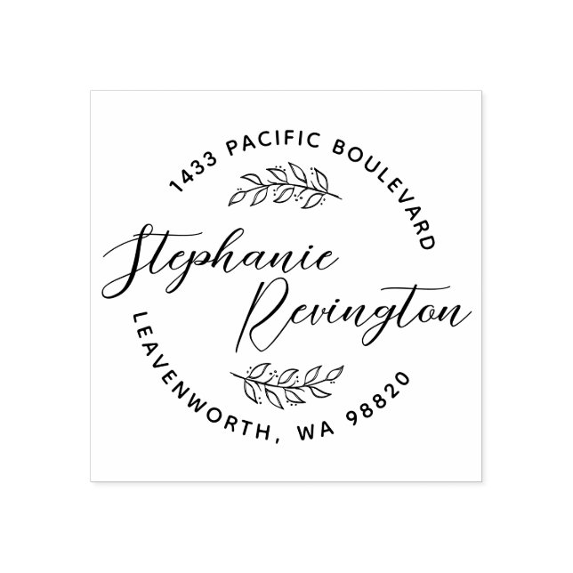 Custom Elegant Script & Cute Leaves | Address Rubber Stamp (Imprint)