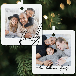 Custom Elegant Script Family Photo Metal Ornament