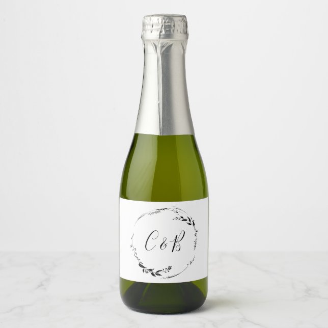 Custom Elegant Script Floral Black White Wedding Sparkling Wine Label (Front)