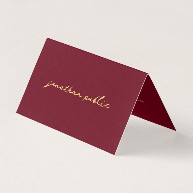 Custom Elegant Script Red & Gold Template Folded Business Card (Front)