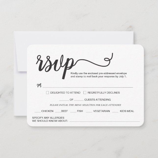 Custom Elegant script Wedding meals any allergies RSVP Card (Front)