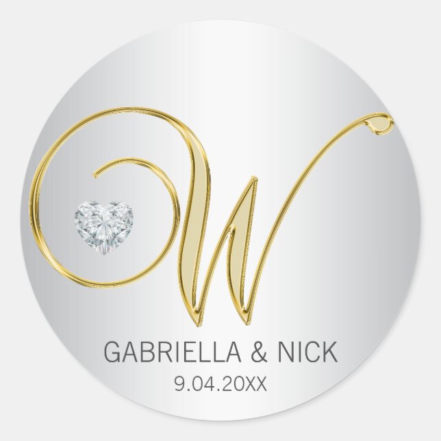 Custom Elegant Silver Gold Monogrammed Wedding Classic Round Sticker (Front)