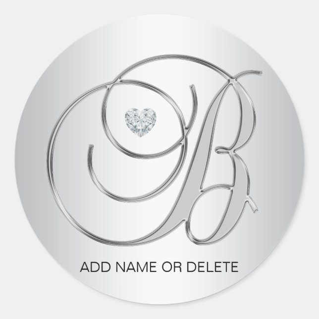 Custom Elegant Silver Monogrammed Initial Letter B Classic Round Sticker (Front)