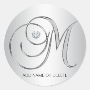 Custom Elegant Silver Monogrammed Initial Letter M Classic Round Sticker