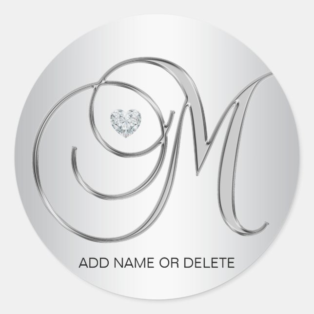 Custom Elegant Silver Monogrammed Initial Letter M Classic Round Sticker (Front)