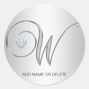 Custom Elegant Silver Monogrammed Initial W Letter Classic Round Sticker