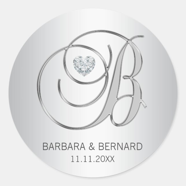 Custom Elegant Silver Monogrammed Letter B Wedding Classic Round Sticker (Front)