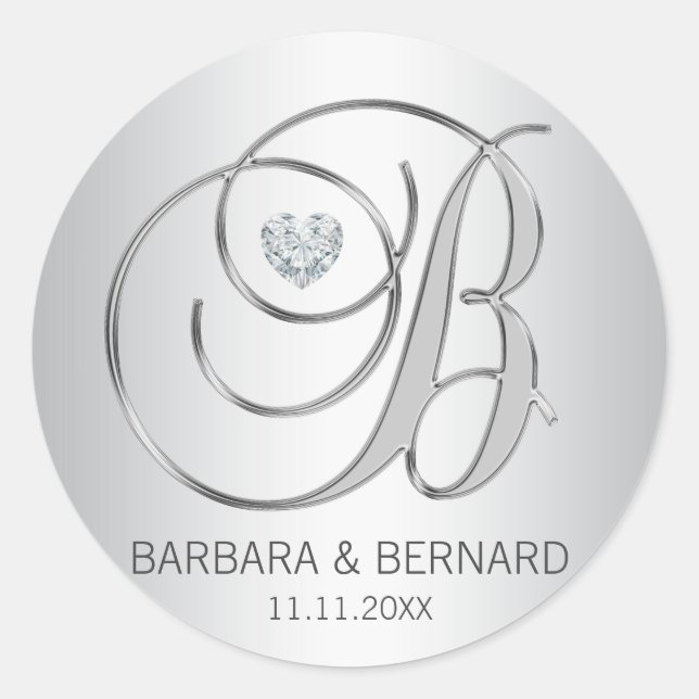 Custom Elegant Silver Monogrammed Wedding Classic Round Sticker (Front)
