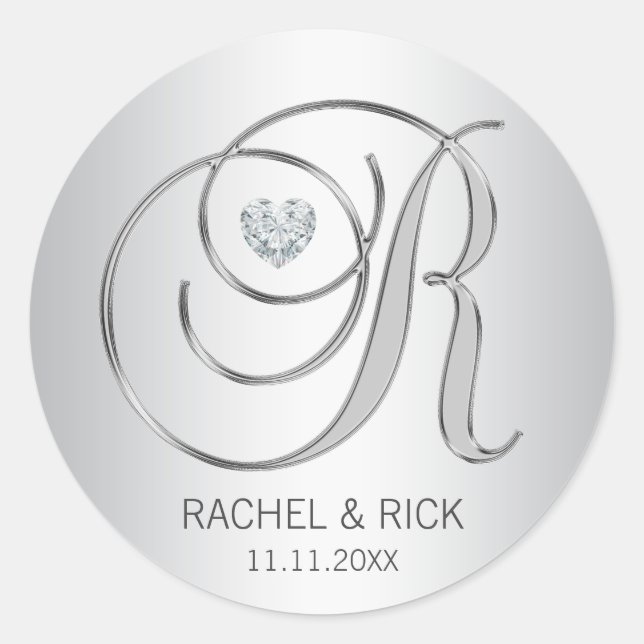Custom Elegant Silver Monogrammed Wedding Classic Round Sticker (Front)
