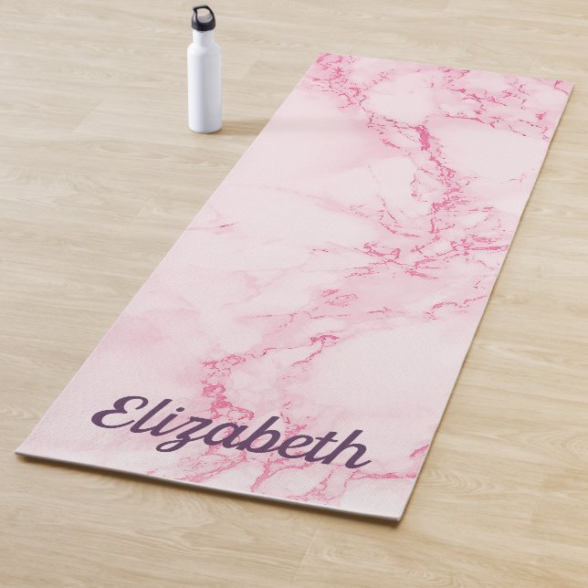 Custom elegant soft pink marble stone print name yoga mat (In Situ)