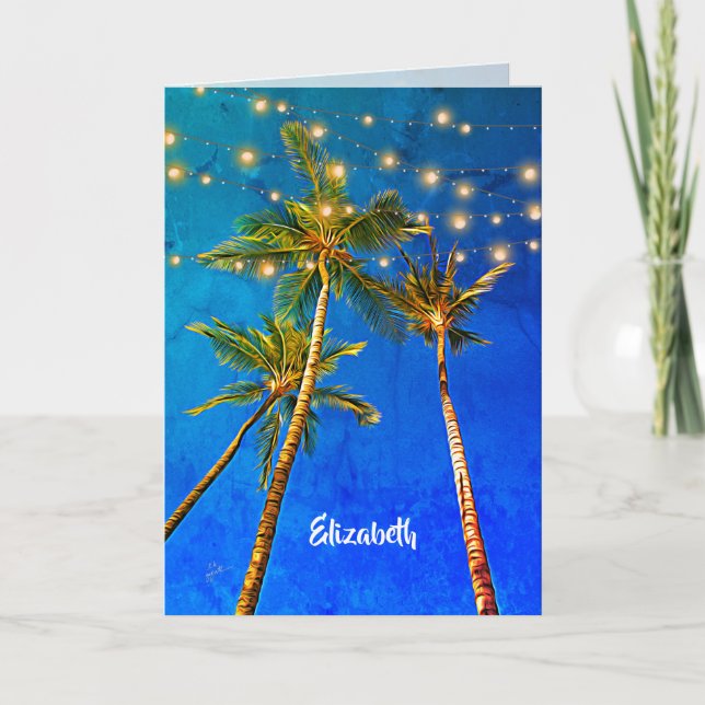 Custom Elegant Tropical Palm Trees String Lights Card (Front)