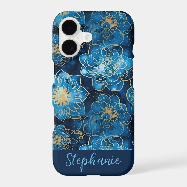 Custom Elegant Watercolor Blue Gold Floral   (Back)
