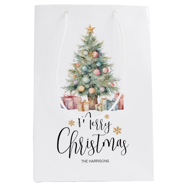 Custom Elegant Watercolor Christmas Tree  Medium Gift Bag (Front)