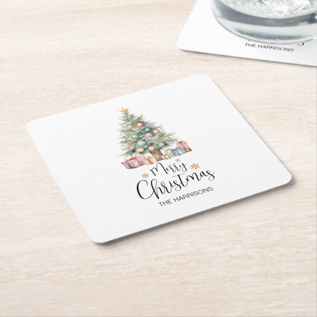 Custom Elegant Watercolor Christmas Tree  Square Paper Coaster (Angled)