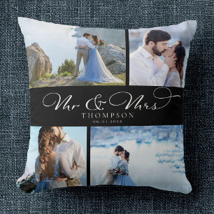 Custom Elegant Wedding Photo Collage Chic Script T Throw Pillow