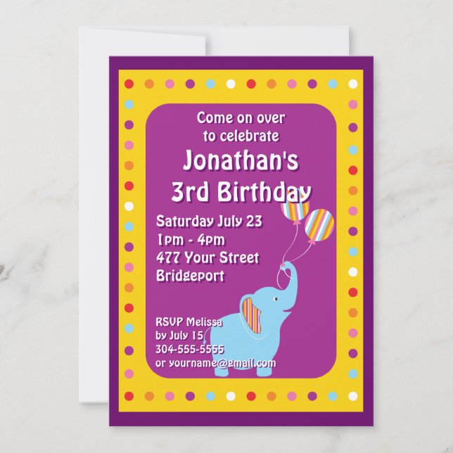 Custom Elephant Birthday Party Invitation (Front)