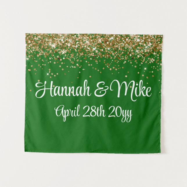 Custom Emerald Gold Wedding Backdrop Photo Booth Tapestry (Front (Horizontal))