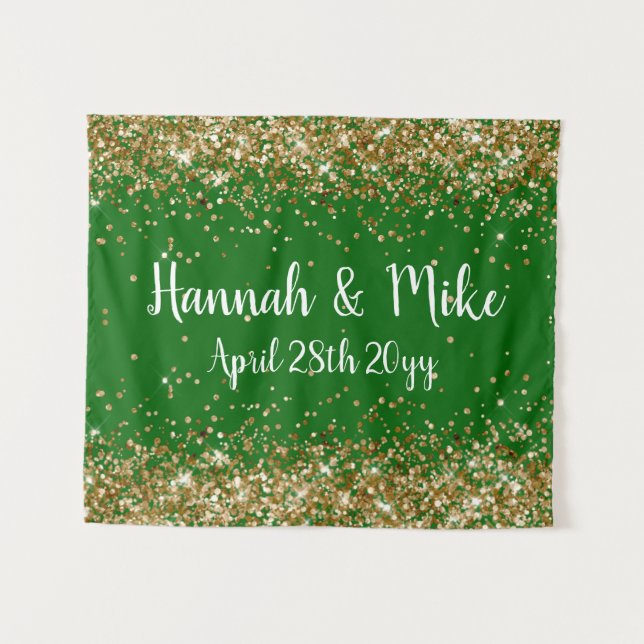 Custom Emerald & Gold Wedding Backdrop Photo Booth Tapestry (Front (Horizontal))
