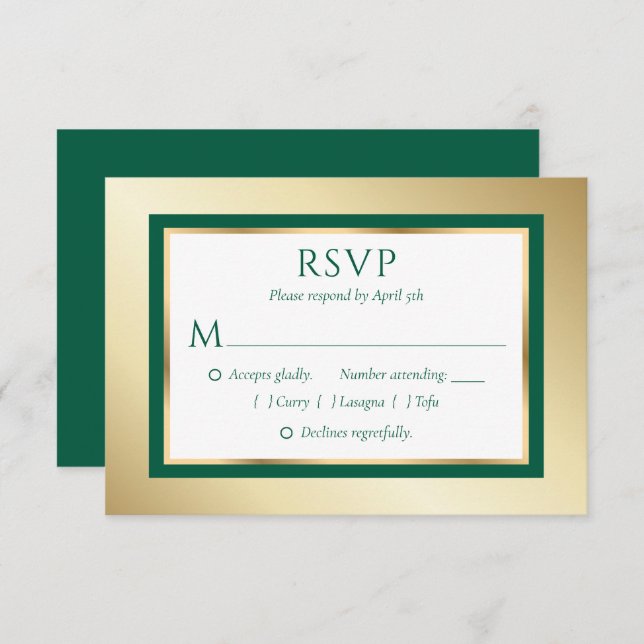 Custom Emerald Green and Gold Wedding RSVP Cards (Front/Back)