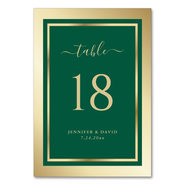 Custom Emerald Green and Gold Wedding Table Number (Front)