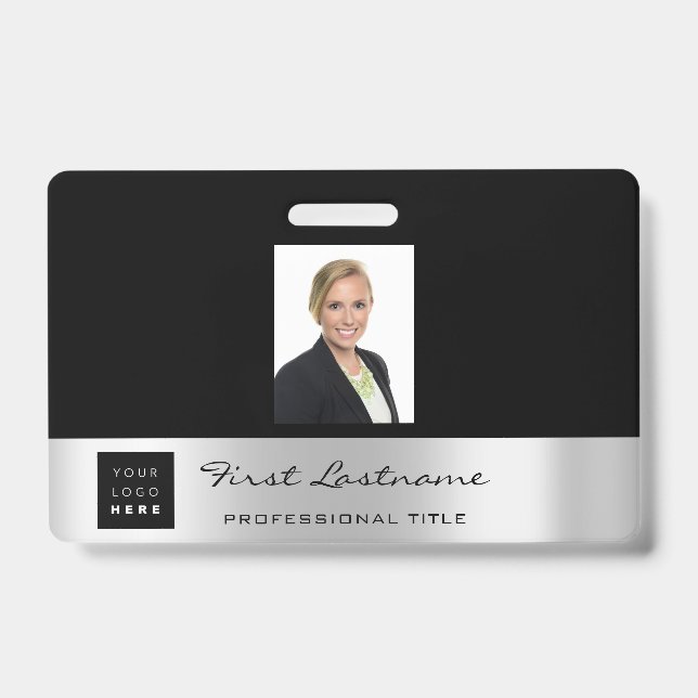 Custom Employee Bar Code Logo Name Black  Silver Badge (Front)
