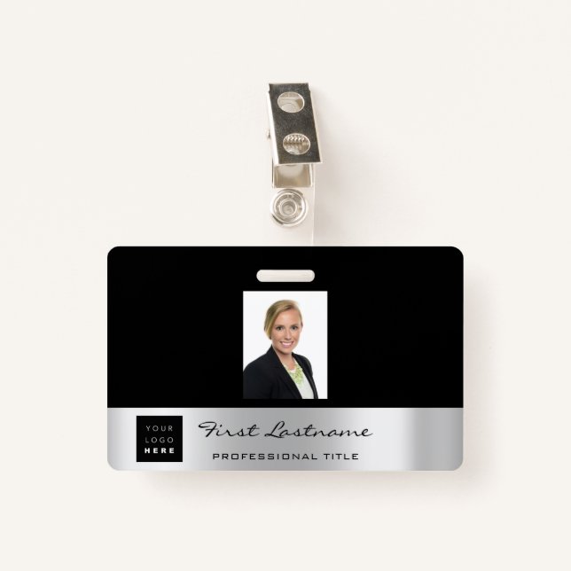 Custom Employee Bar Code Logo Name Black  Silver Badge (Front with Clip)