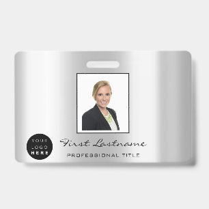 Custom Employee Bar Code Logo Name Silver Grey Badge