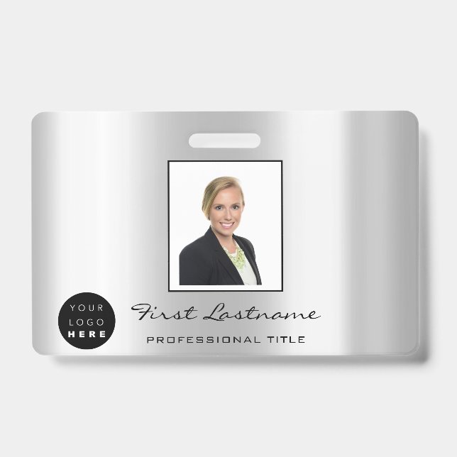 Custom Employee Bar Code Logo Name Silver Grey Badge (Front)
